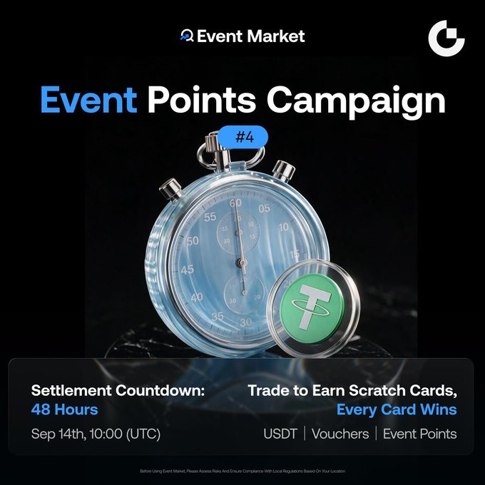 The image is a promotional graphic for Event Market's "Event Points Campaign" Round #4, featuring a silver stopwatch alongside a green Tether (USDT) coin, highlighting that the settlement countdown is 48 hours ending Sep 14th at 10:00 (UTC). It promotes trading to earn scratch cards with guaranteed wins, offering prizes in USDT, Vouchers, and Event Points. The graphic visually reinforces the post's urgency about the campaign's final hours and the unclaimed 88,888 PTS Super Lucky Prize.