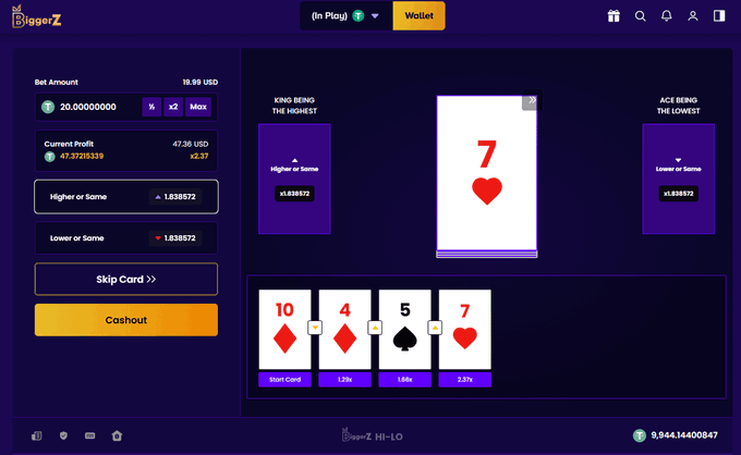 A screenshot of the 'BiggerZ' betting platform shows a Hi-Lo card game with cards (10♦, 4♦, 5♠, 7♥) displayed, a bet amount of 20.00000000 USD, a current profit of 47.36 USD, and a balance of 9,944.14400084.