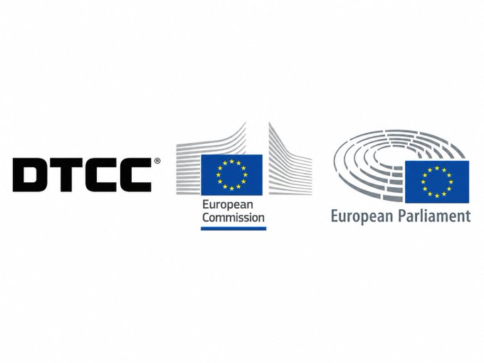 Three logos displayed side-by-side on a white background: 'DTCC', the 'European Commission' logo, and the 'European Parliament' logo.