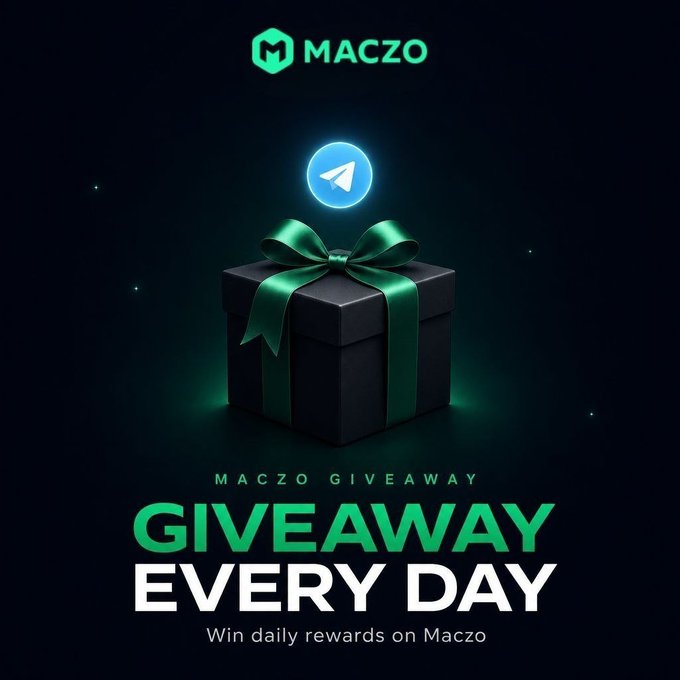 A sleek promotional graphic for "MACZO" features a black gift box tied with a green ribbon, topped with a glowing Telegram icon, against a dark background. Bold text below reads "MACZO GIVEAWAY" and "GIVEAWAY EVERY DAY — Win daily rewards on Maczo," advertising the 200 free spins offer with code TG4787884.