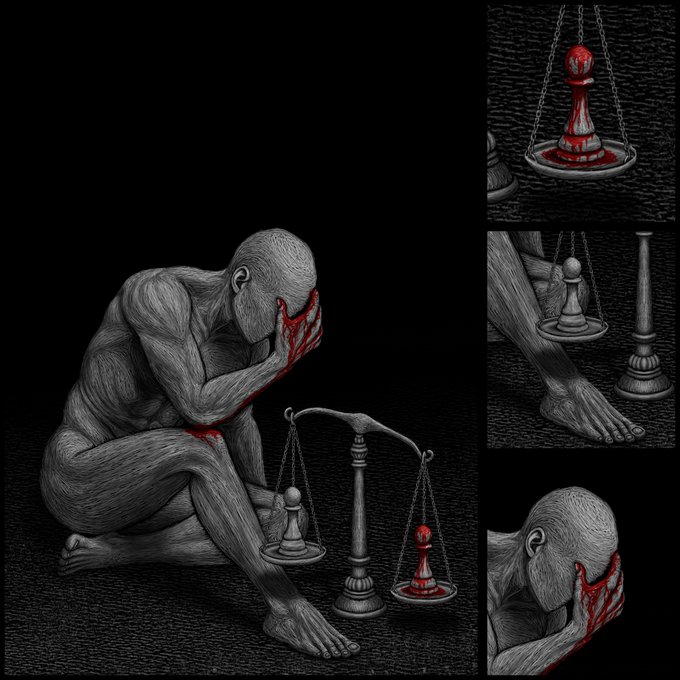 A dark, surreal digital illustration showing a grey, faceless figure crouching and covering its face with a blood-stained hand, with close-up details of a scale balancing a white pawn against a blood-covered red pawn.