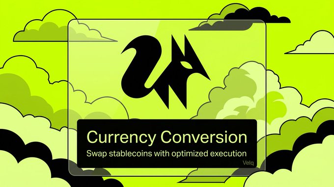 Digital interface for "Velq" displaying a "Currency Conversion" feature with the text "Swap stablecoins with optimized execution," set against a bright green background with stylized cloud graphics.