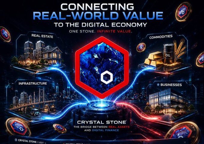 A promotional graphic for "Crystal Stone" featuring a glowing red hexagonal gemstone at the center, with the tagline "Connecting Real-World Value to the Digital Economy – One Stone, Infinite Value," branching out to four asset categories: Real Estate, Commodities, Infrastructure, and Businesses. The image visually reinforces the post's emphasis on "tangible RWA plays" by depicting how real-world assets are bridged to digital finance, complementing the message that balanced portfolio growth comes from combining high-upside narratives with grounded, asset-backed investments.