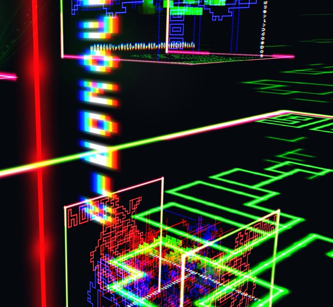A neon-lit abstract digital landscape with glowing red, green, and blue lines forming grid-like structures and pixelated patterns against a dark background.