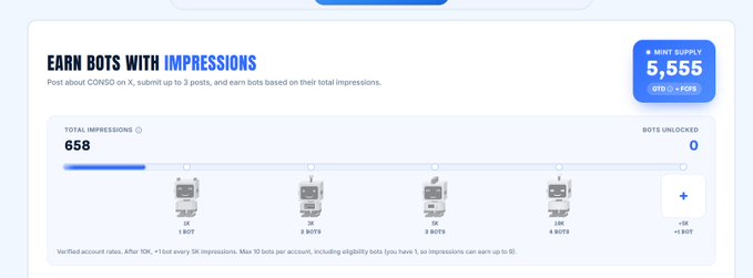 A web interface titled 'EARN BOTS WITH IMPRESSIONS' shows 658 total impressions and 0 bots unlocked, alongside a mint supply counter displaying 5,555.