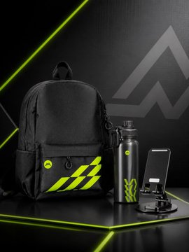 A black backpack featuring green accent stripes and a logo, alongside a black insulated tumbler and a phone stand, all branded with matching green graphics—shown as the "Sniper Joint MGBX team" limited-edition merch giveaway prize set.