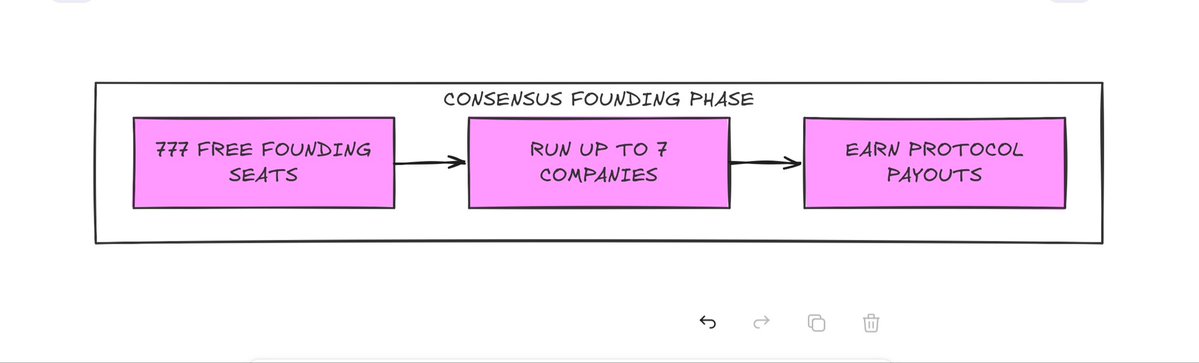 A hand-drawn diagram labeled 'CONSENSUS FOUNDING PHASE' with three pink boxes connected by arrows: '777 FREE FOUNDING SEATS', 'RUN UP TO 7 COMPANIES', and 'EARN PROTOCOL PAYOUTS'.
