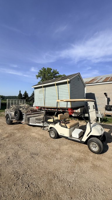 A white golf cart is hitched to a trailer loaded with branches and debris, parked on a dirt lot next to a shed under a blue sky.