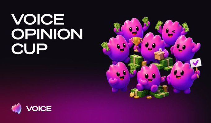 A promotional graphic for 'VOICE OPINION CUP' shows purple blob-like characters holding money, a trophy, and a checkmark sign on a dark gradient background.