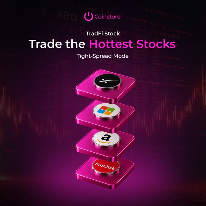 In the image, there are three brightly colored stacking circles or cubes stacked atop one another against a dark purple background with lines of various sizes going across them. The colors include pink, red, and white. The text above these shapes reads "Trade the hottest stocks in tight-spread mode" and "Trade trending stocks on Coinstore Spot & Futures Seize opportunities across every market move". This suggests that there are multiple stock trading sites available to users with varying levels of spread and flexibility for investing in various markets.