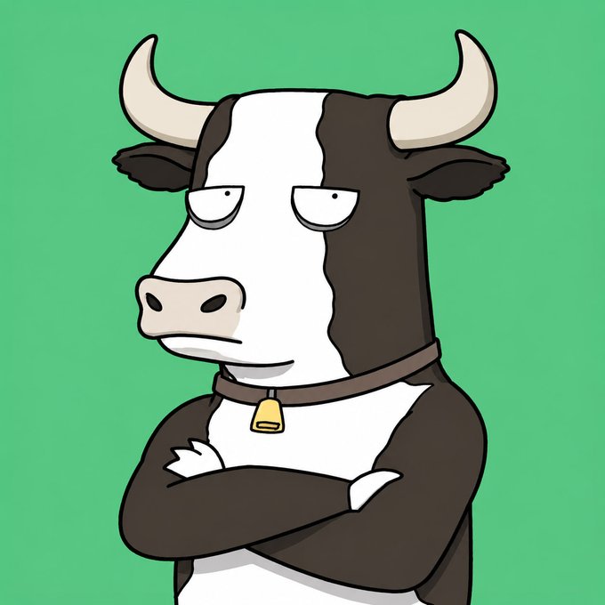 A cartoon illustration of a black and white cow with a bored expression, crossed arms, and a bell collar against a green background.