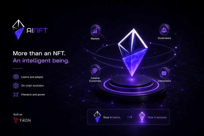 A promotional graphic for AINFT, built on TRON, displays a glowing blue 3D diamond/crystal surrounded by icons labeled "Markets," "Governance," "Creative Economies," and "Interactions," with the tagline "More than an NFT. An intelligent being." highlighting features like "Learns and adapts," "On-chain evolution," and "Interacts and grows," alongside a visual showing an NFT transforming from static to evolving.