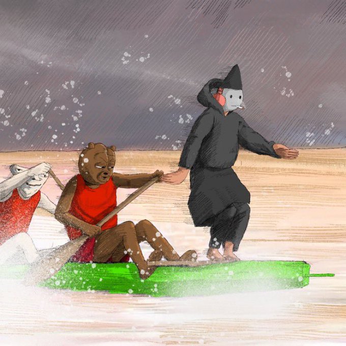 A whimsical illustration showing a person in a dark wizard-like outfit riding a green sled-like object being pulled by two costumed figures (one in red) across a snowy landscape.
