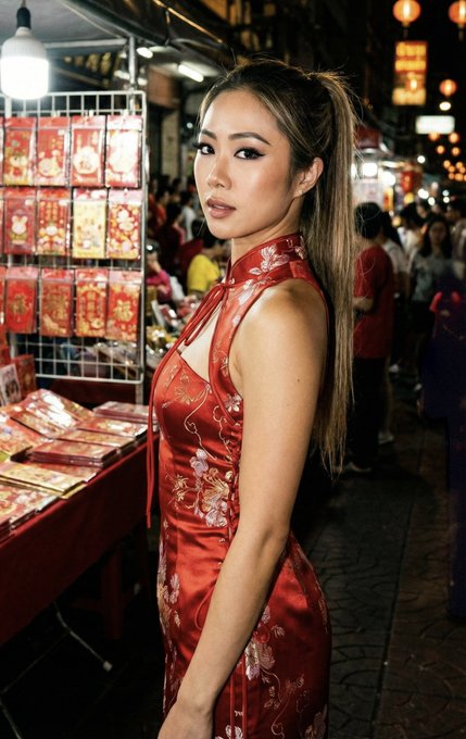 A young woman in an elegant red floral cheongsam poses at a bustling Shanghai night market, with red festive merchandise and lanterns glowing in the background, perfectly capturing the vibrant mix of traditional culture and modern energy of the city highlighted in the post.