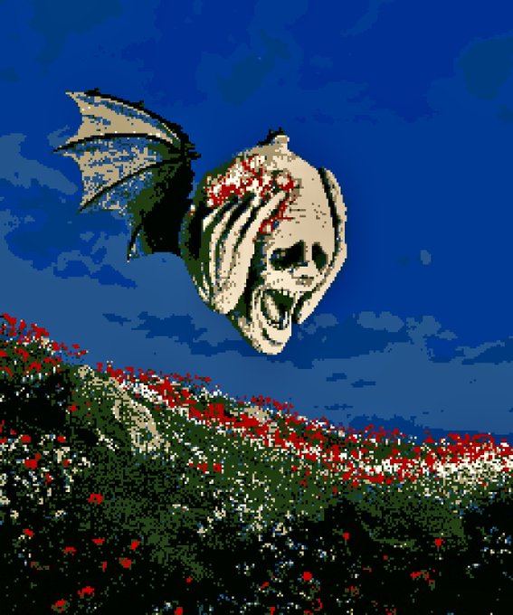 A pixel-art illustration depicts a skeletal figure with bat-like wings flying over a field of red and white flowers under a blue sky.