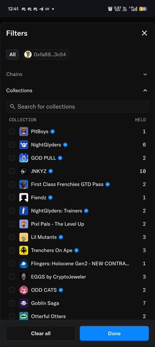 A mobile app screenshot showing a 'Filters' menu for NFT collections, listing options like 'PitBoys', 'NightGlyders', 'GOD PULL', 'JNKYZ', and 'Friends', along with the holder count for the '0xfa89...3c54' account.