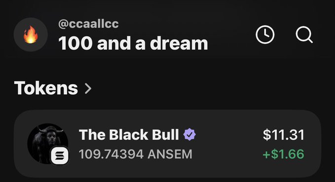 A screenshot of the "@ccaallcc" portfolio titled "100 and a dream" shows a token called "The Black Bull" holding 109.74394 ANSEM, currently valued at $11.31 with a gain of +$1.66. This visualizes the poster's $10 investment in $ANSEM growing to $11 as they hype "ansem to the moon."