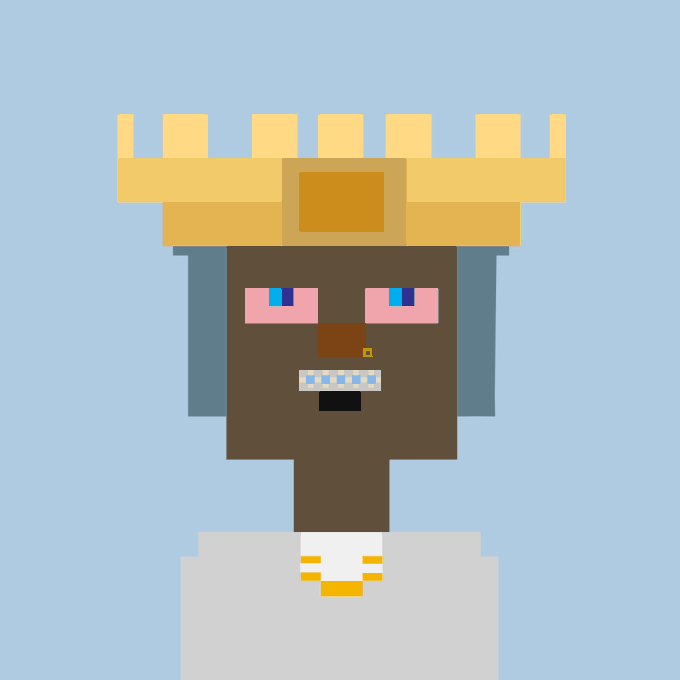 A pixel art illustration depicts a character with brown skin, pink eyes, a yellow crown-like headpiece, and gold teeth against a light blue background.