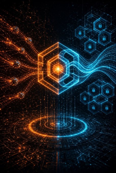 A digital artwork featuring a glowing orange and blue cube emitting streams of light surrounded by padlock icons on a dark background, symbolizing cybersecurity and blockchain.