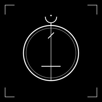 A minimalist black and white line drawing of a circular object resembling a compass or target within viewfinder brackets.