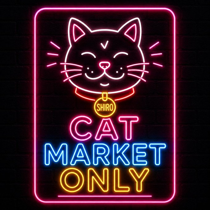 A neon sign displays a happy cat face above the text "SHIRO," "CAT MARKET ONLY," against a brick wall background, promoting a cat-themed crypto market featuring tokens like SHIRO, Mogcoin, Toshi, and mew. The vibrant pink, blue, and yellow signage reinforces the playful feline branding of the memecoin community.
