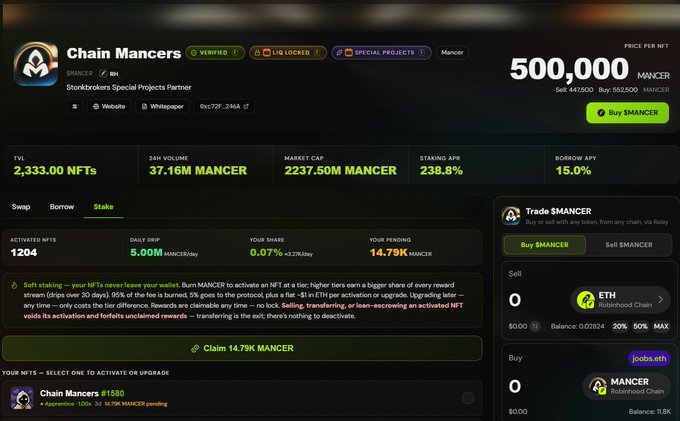 A screenshot of the Chain Mancercs NFT marketplace page on Stork Brokers, showing a price of 500,000 $MANCER, 24h volume of 37.16M MANCER, market cap of 2237.50M MANCER, and staking options for activating NFTs.