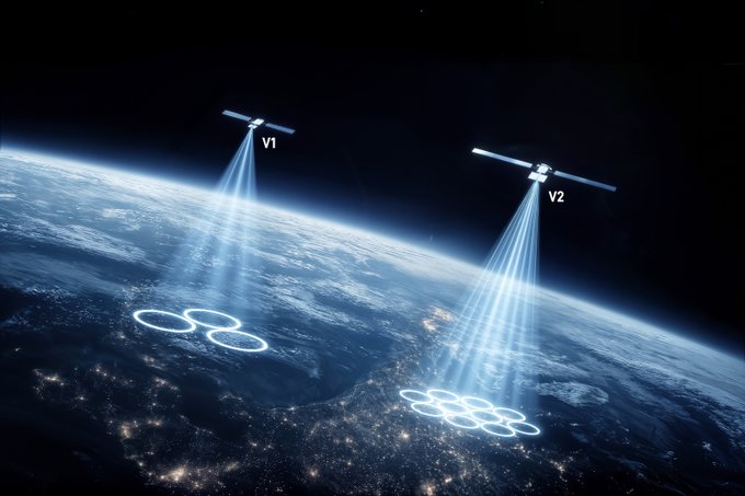 A conceptual illustration showing two satellites (labeled V1 and V2) beaming light down onto Earth, illuminating the Olympic rings symbol below.