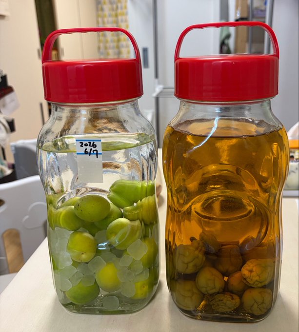 The image shows two glass jars filled with a liquid, possibly pickles or jam, sitting side by side on a table. The jar on the left has a red lid, while the one on the right has a clear lid. Both jars are labeled "20年前" and contain what appears to be pickled vegetables or jam.