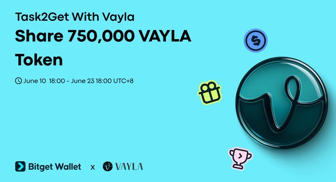 The image features a blue background with white text that reads "Task2Get with VAYLA Share 750,000 VAYLA Tokens June 10 - June 23 18:00 UTC+8 How to join: Follow @VaylaOfficial_ & @VaylaOfficial_ Join the event: newshare.bwb.global/en/earnCoins ta ... Complete tasks & get rewards!". The image also includes a small blue circle with a green ribbon and a gold trophy, as well as several stickers on the background that are related to the VAYLA logo or other symbols associated with the task2get platform.
 
The post is promoting an event where users can earn 750,000 tokens by participating in tasks posted on the task2get website. The event will take place from June 10th to June 23rd at 18:00 UTC+8 and will be hosted on Bitget Wallet.
