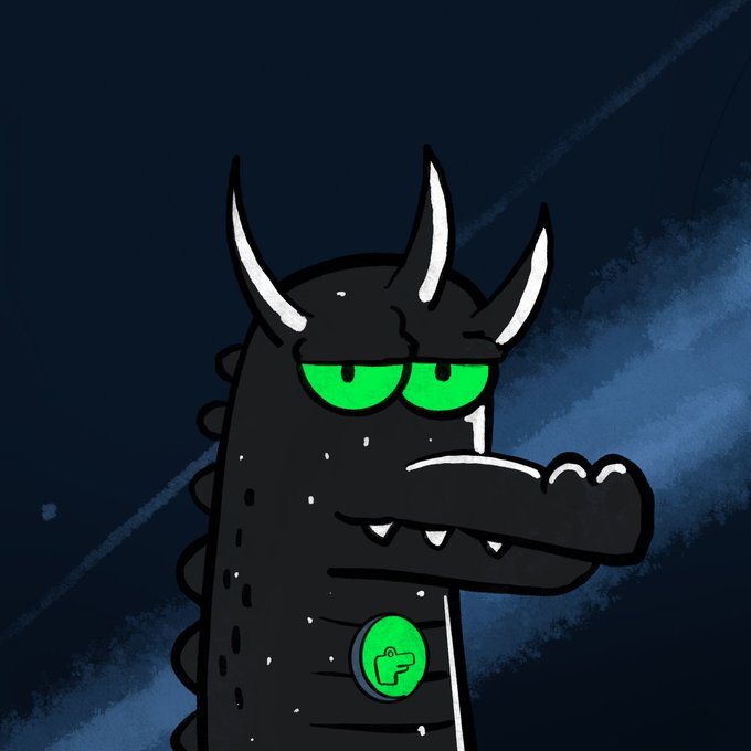 A black cartoon dragon-like creature with green eyes and white horns stands against a dark blue background, featuring a green "F" logo emblem on its chest that represents the Crocpad brand mentioned in the post about the crocs reveal launch and shuffler raffle.