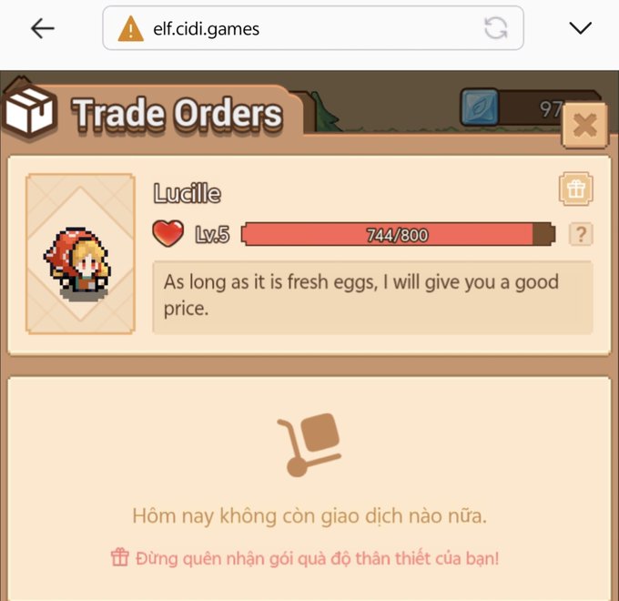 A mobile game screenshot from elf.cidi.games showing a 'Trade Orders' menu with an NPC named 'Lucille' at Lv.5 (744/800 HP) offering fair prices for fresh eggs, with Vietnamese text indicating no more trades today.