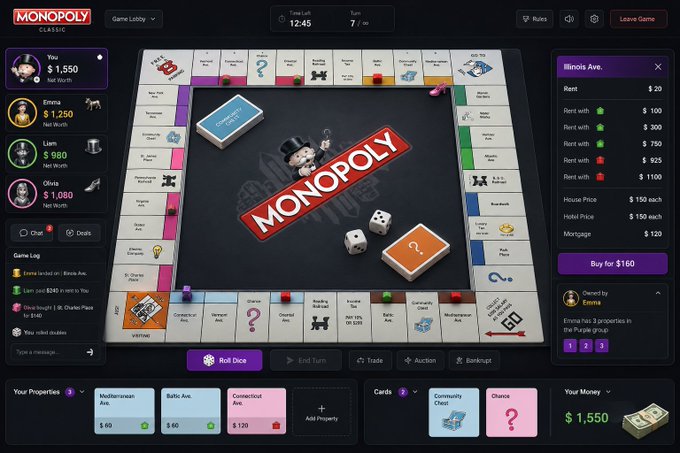 Screenshot of an online Monopoly Classic game lobby showing the board, player list (You, Emma, Liam, Olivia), property cards for Illinois Ave., and game controls.