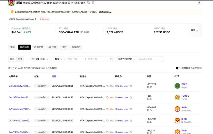 A cryptocurrency wallet tracking interface showing an address flagged for Sanction risk, with portfolio balances of 66.64K ETH ($66.64K), 3.50438247 ETH, 7,572.6 USDT, and 252.31 USDC, along with transfer history of PEPE, TURBO, and SHIB tokens.