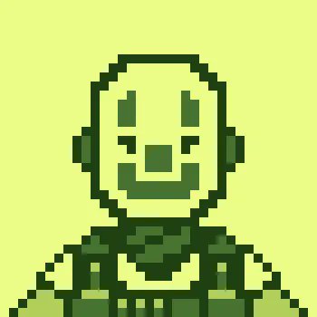A pixel art character with a smiling face and overalls is rendered in limited green and yellow tones on a light olive background.