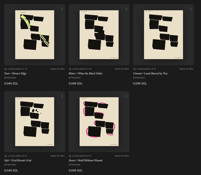 A grid of five NFT listings from "14tandthc" displays limited edition (14 of 14) digital artworks composed of scattered black block shapes on cream backgrounds, with each piece titled and starting at 0.045 SOL. The artworks reflect the post's theme of being the "first artwork drawn by the toads NFTs themselves," showcasing minimalist compositions titled "Soar / Honest Edge," "Bitter / What the Block Hides," "Umami / Load Shared by Two," "Salt / Grid Breeds Grid," and "Sweet / Hold Without Wound," with only the first piece highlighted with green and yellow accents.