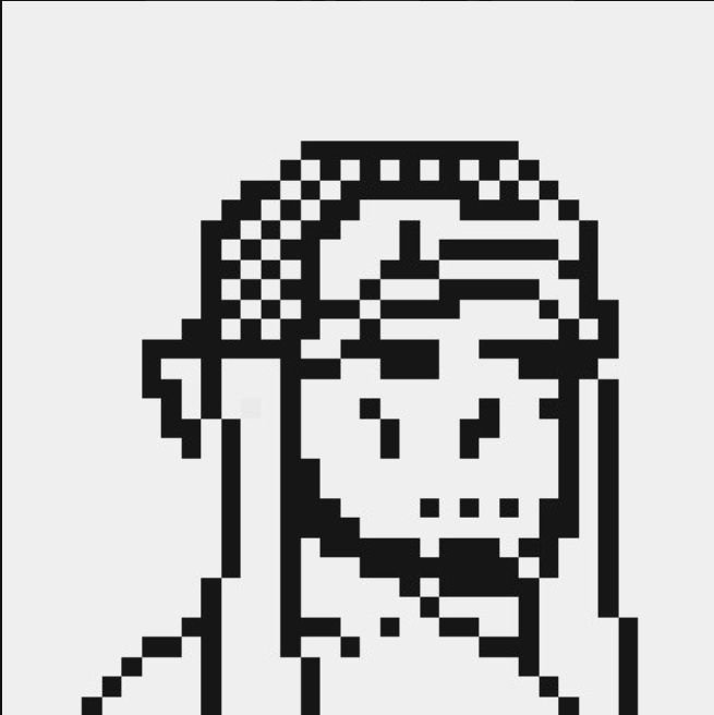 A retro pixel art style black and white portrait of a person wearing a checkered patterned head covering.