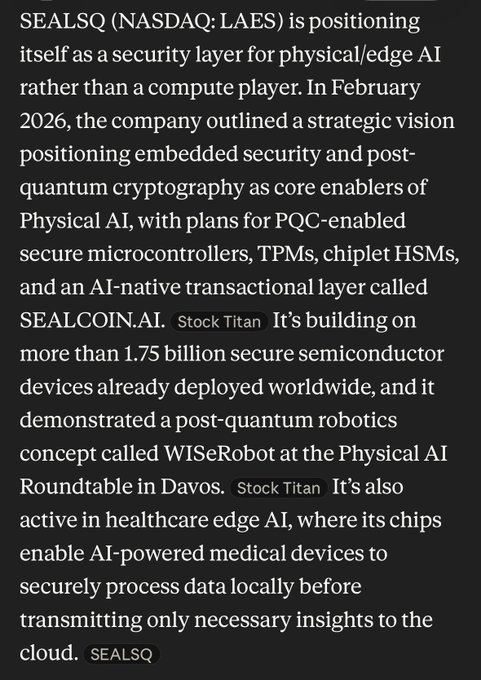 An article excerpt about SEALSQ (NASDAQ: LAES) positioning itself as a security layer for physical/edge AI with post-quantum cryptography initiatives including SEALCOIN.AI and WISeRobot, citing Stock Titan and SEALSQ as sources.