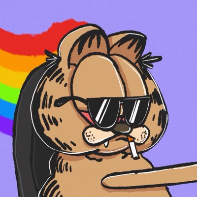 A cartoon illustration of a dog wearing sunglasses and smoking a cigarette, with a rainbow flag in the background.