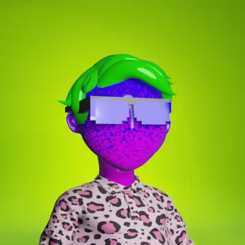 A stylized 3D-rendered character with purple skin, bright green hair, large futuristic sunglasses, and a pink leopard-print shirt poses against a neon green background, visually matching the vibrant, hype-driven aesthetic of a crypto giveaway announcement encouraging followers to like, repost, and submit their ETH wallet for a chance to win.