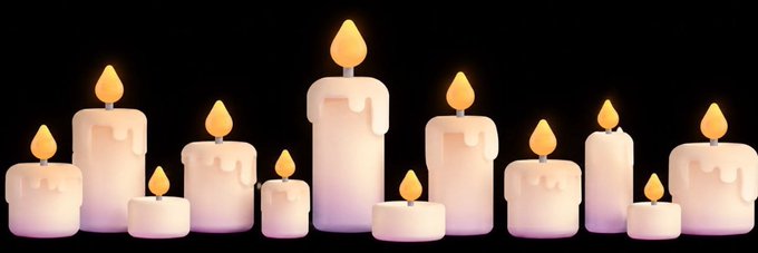 A row of glowing white candles with melted wax against a black background, fitting the "candles" theme represented by Solana token $🕯️ and its banner image added on Moby.