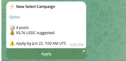 The image displays an alert from Wallchain that states there are 4 posts suggested with a value of 93.76 USDC offered by them. The user should apply for this opportunity by filling out the provided information, such as their username and date, before applying at the given time of 7 am/30 am/12 pm/6 pm/9 pm on June 22nd, US/Eastern time (which is in the top right corner).