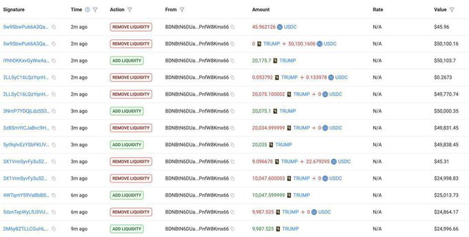 A blockchain transaction ledger displays columns for Signature, Time, Action, From, Amount, Rate, and Value. Recent entries show various wallets interacting with "BDNBN6DUu...PnFWBKms66," with actions like "ADD LIQUIDITY" and "REMOVE LIQUIDITY" involving tokens like "USDC" and "TRUMP," with values ranging from $0.26 to $50,103.70.