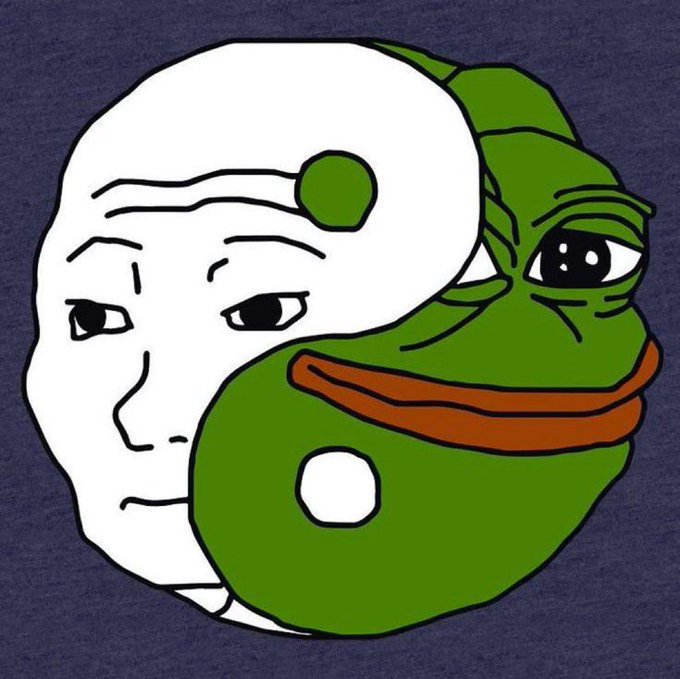 A cartoon illustration of a Wojak-style white face merged with a sad Pepe the Frog face on a dark blue background.