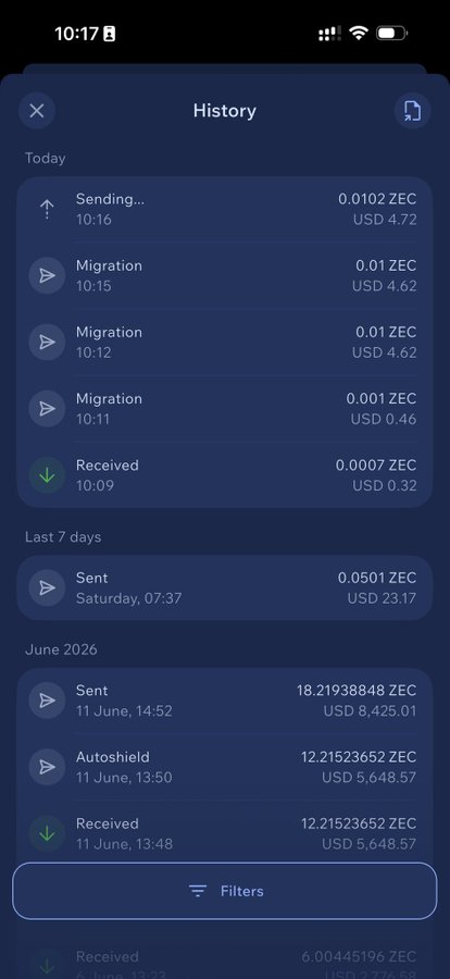 A dark-themed transaction history screen from a crypto wallet showing recent activities including ZEC sends, receives, and migrations, with a timestamp of 10:17 visible at the top.