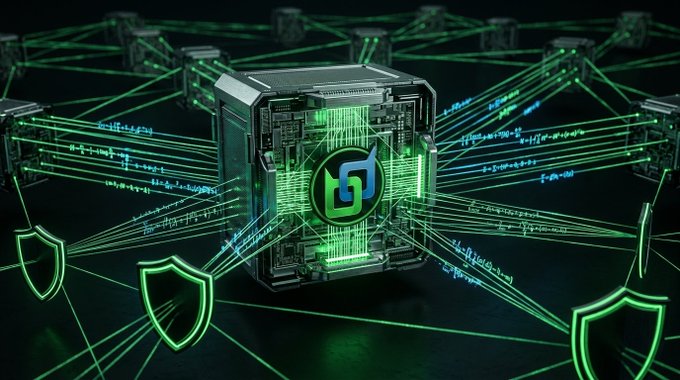 A digital illustration depicts a central computer chip or server unit glowing green, connected by radiating green lines to shield icons, with mathematical equations floating around it.
