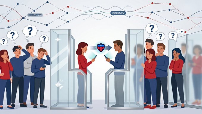 An illustration depicts people standing on either side of glass partitions around a central couple sharing data, with thought bubbles containing question marks above the onlookers and the words 'SECURITY' and 'PRIVACY' at the top.