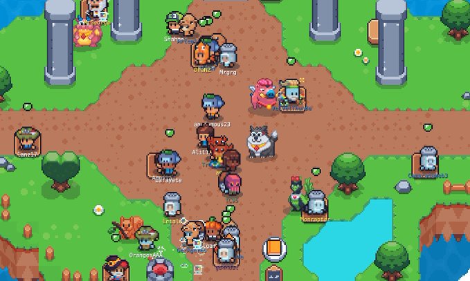 A lively gathering of pixelated players with usernames like "Shampe," "OllieJr," "Mrgrgr," and "Barapi23" crowds the central plaza of Mystery Island in this pixel-art game screenshot. The bustling community scene, complete with a pink heart-bearing creature and various characters near stone pillars and a pond, reflects the collaborative spirit needed to tackle the new "Lover's Button" minigame together.