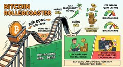An infographic titled "BITCOIN ROLLERCOASTER" uses a roller coaster metaphor to explain crypto market concepts like bull and bear markets, 2026 predictions, and ETF inflows.
