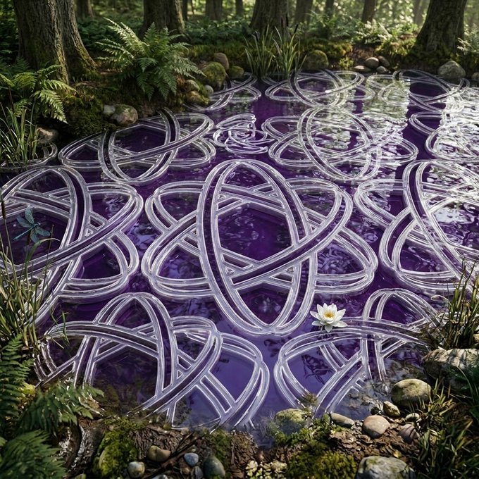 An artistic rendering of a forest pond filled with purple water, decorated with floating silver triquetra (Celtic knot) patterns and a single white water lily.