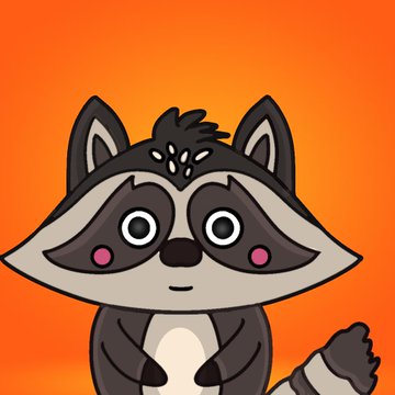 A cartoon illustration of a cute raccoon with large eyes and pink cheeks standing against a solid orange background.
